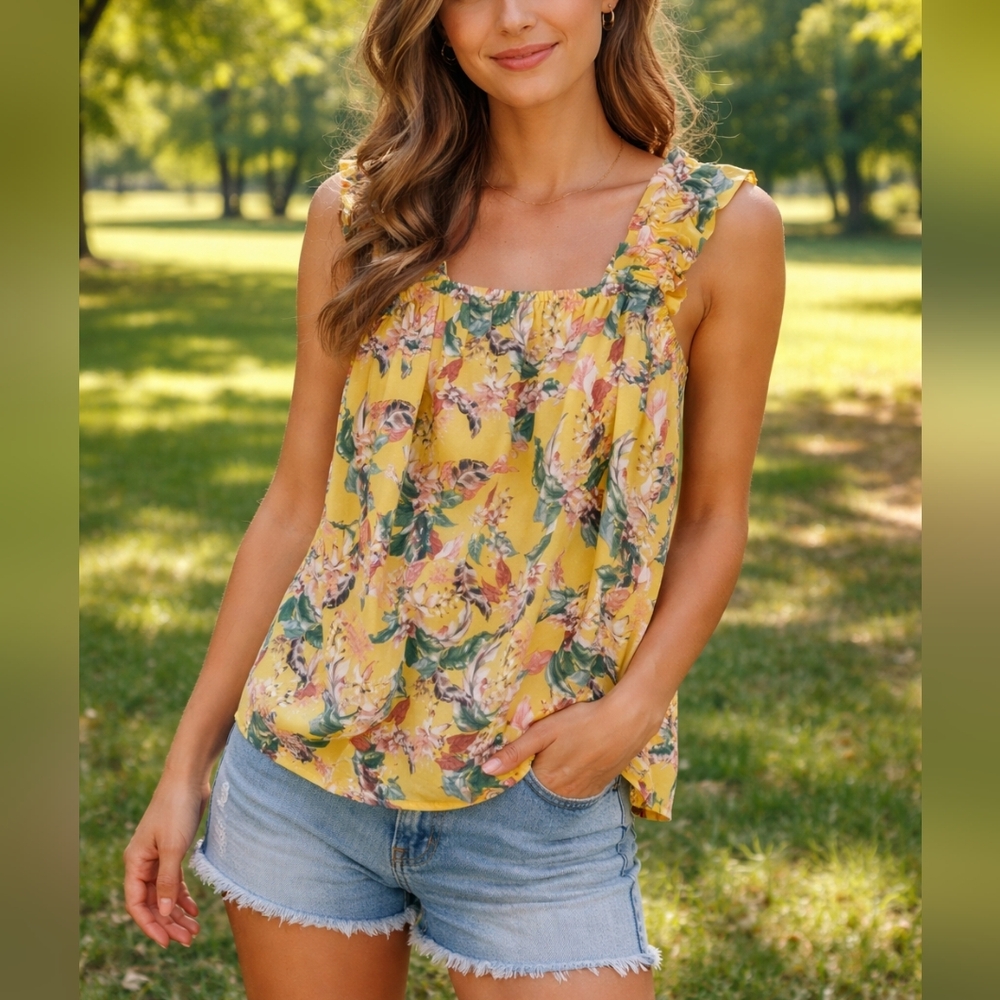 Alex & Lili Yellow Floral Ruffle Strap Tank Top L Smocked Stretch Summer Blouse